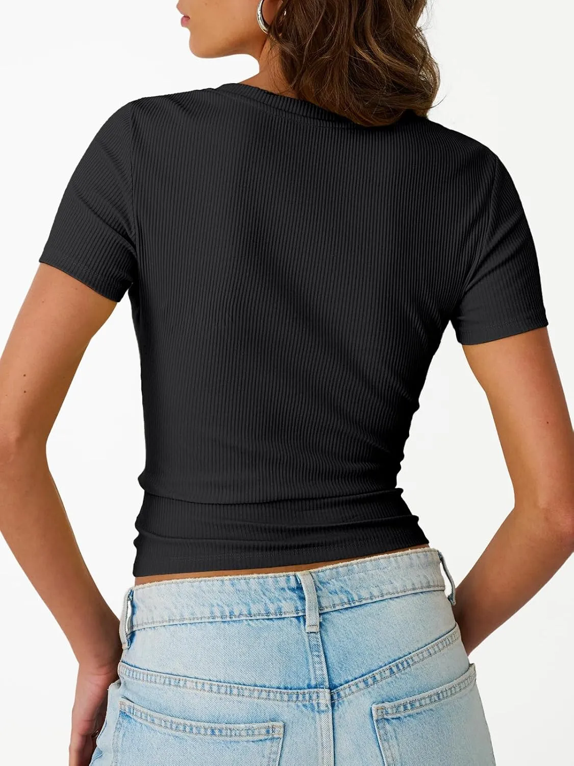 Trendy Queen Womens Short Sleeve Shirts Crewneck Ribbed Knit Slim Fitted T-Shirt Summer Basic Tee 2025 Tops