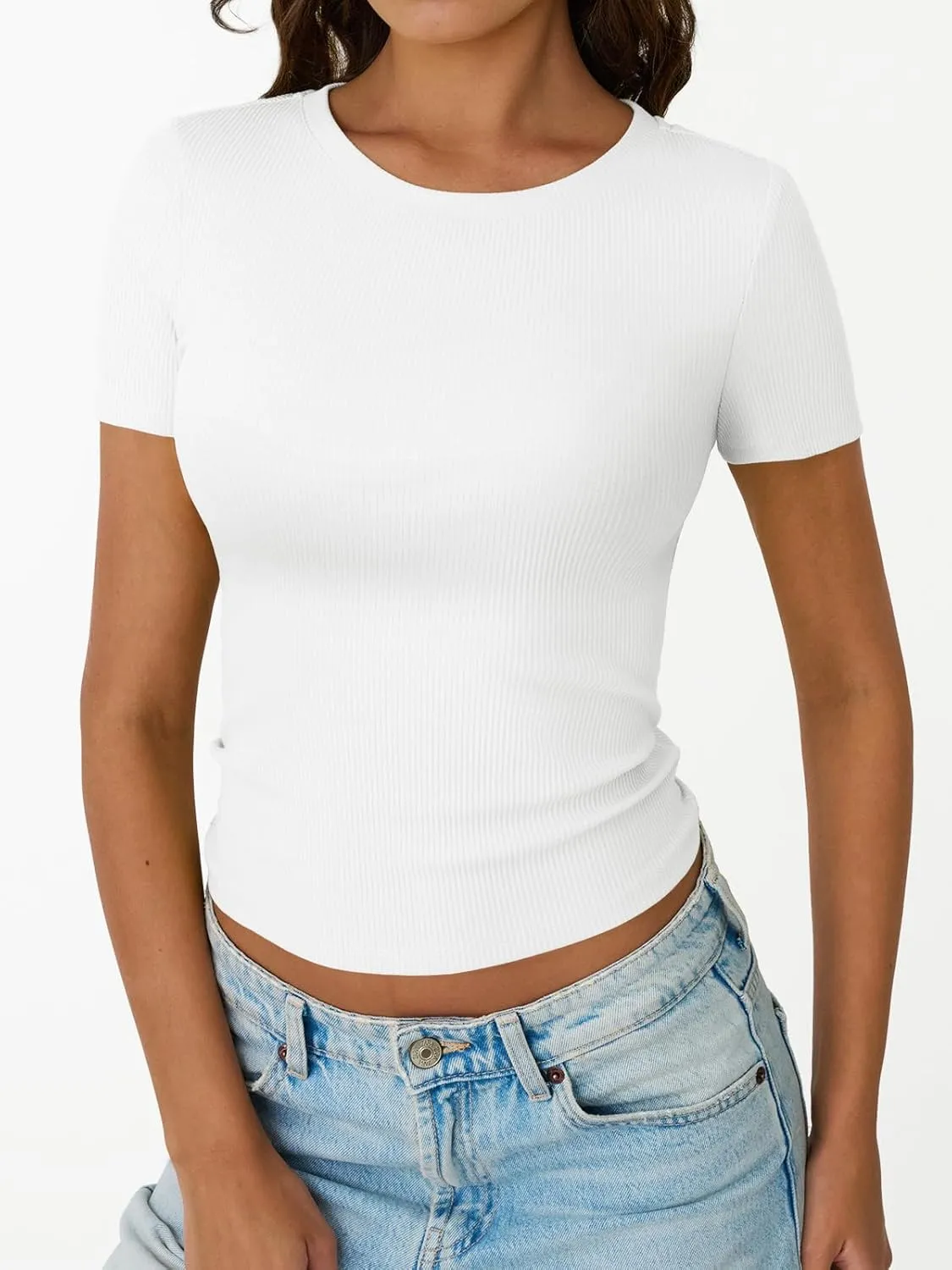Trendy Queen Womens Short Sleeve Shirts Crewneck Ribbed Knit Slim Fitted T-Shirt Summer Basic Tee 2025 Tops