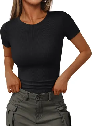Trendy Queen Womens Short Sleeve Shirts Crewneck Ribbed Knit Slim Fitted T-Shirt Summer Basic Tee 2025 Tops