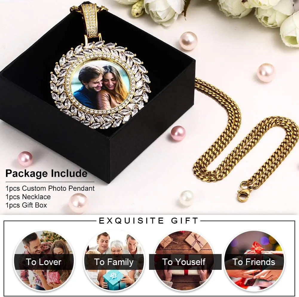 TUHE Custom Picture Necklace Personalized Photo Pendant 18K Gold Plated Customized Engraved Memory Necklaces Round Circle Rip Medallion Picture Chains For Men Women- Birthday Gifts