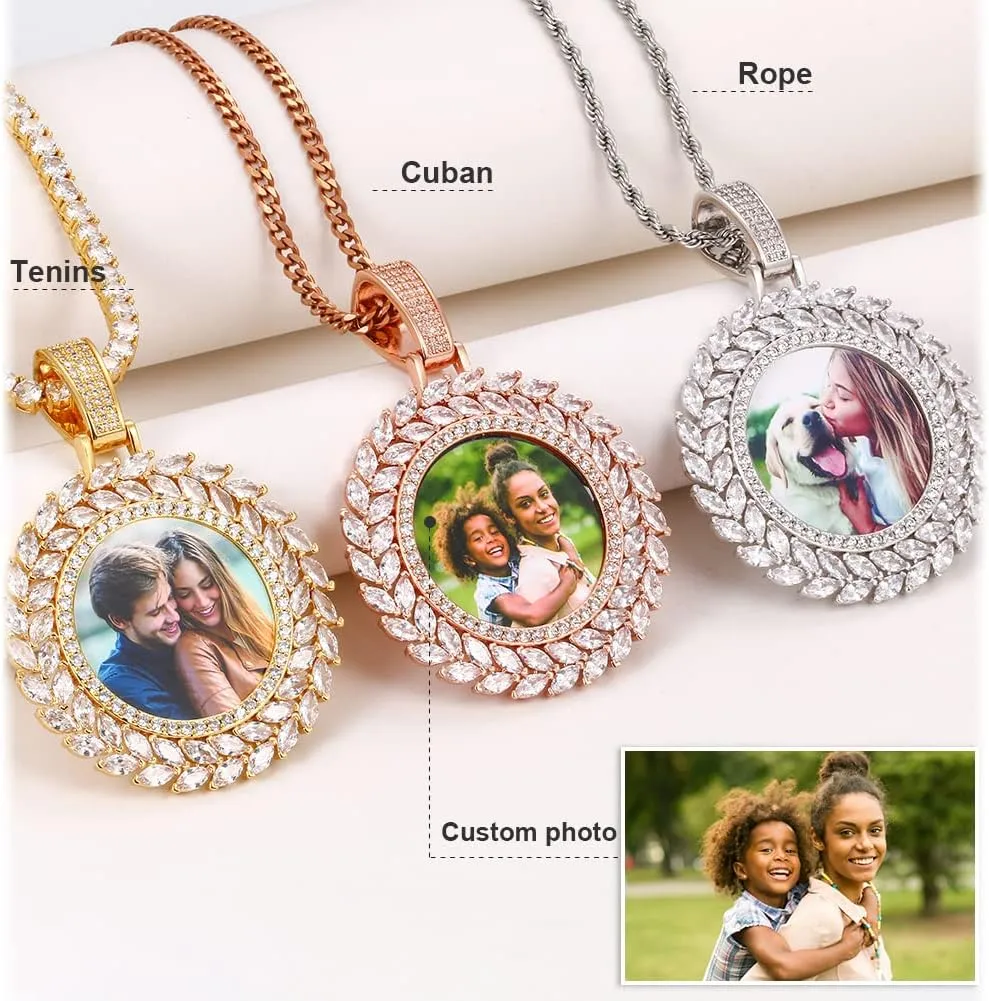 TUHE Custom Picture Necklace Personalized Photo Pendant 18K Gold Plated Customized Engraved Memory Necklaces Round Circle Rip Medallion Picture Chains For Men Women- Birthday Gifts
