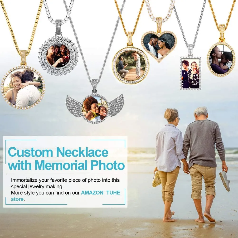 TUHE Custom Picture Necklace Personalized Photo Pendant 18K Gold Plated Customized Engraved Memory Necklaces Round Circle Rip Medallion Picture Chains For Men Women- Birthday Gifts