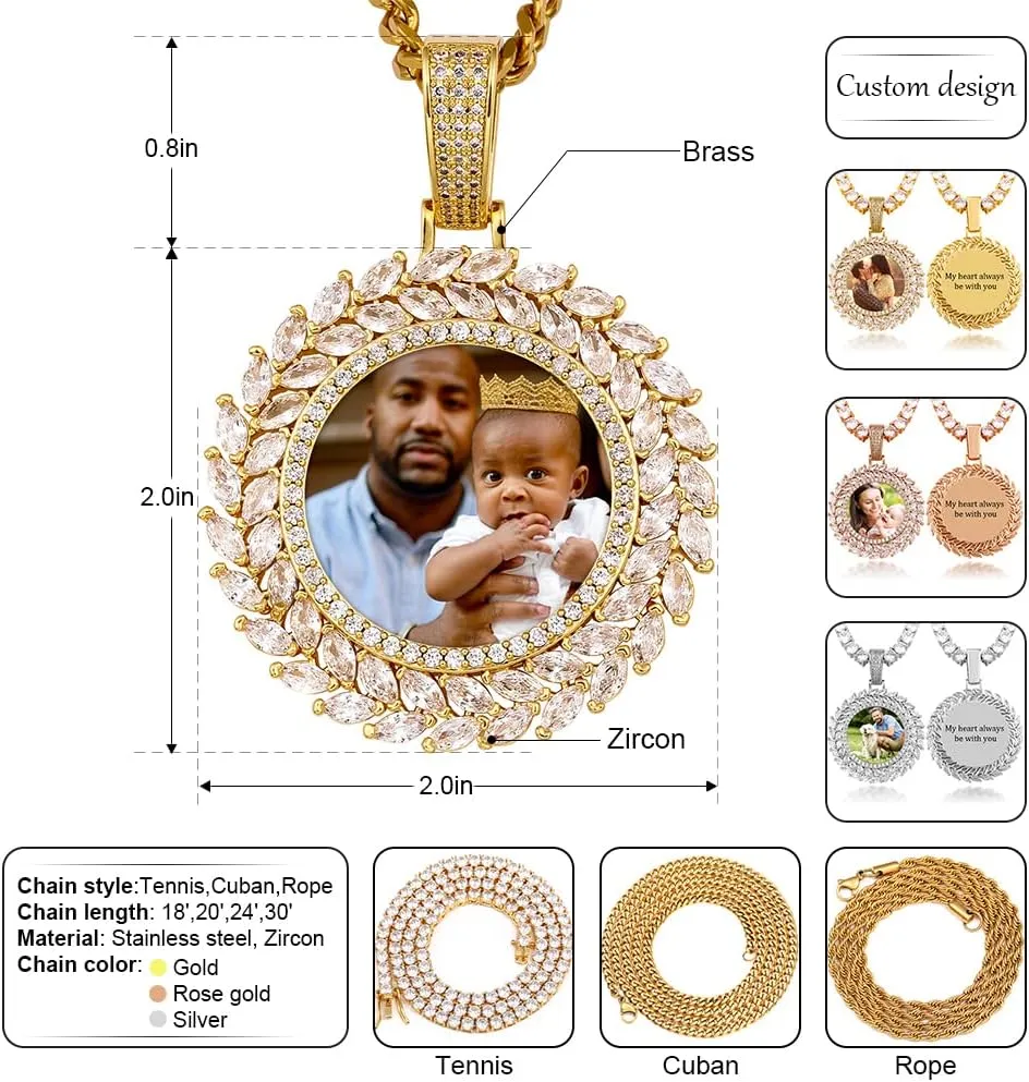 TUHE Custom Picture Necklace Personalized Photo Pendant 18K Gold Plated Customized Engraved Memory Necklaces Round Circle Rip Medallion Picture Chains For Men Women- Birthday Gifts