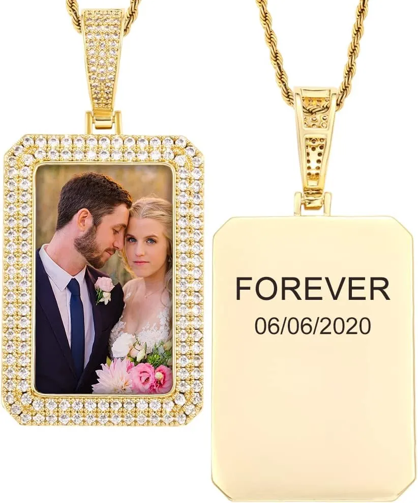 TUHE Personalized Photo Engraved Necklace Custom Rectangle Picture Pendant Memory Picture Chain For Men Women Hip Hop Iced Out Customized Tag Necklace
