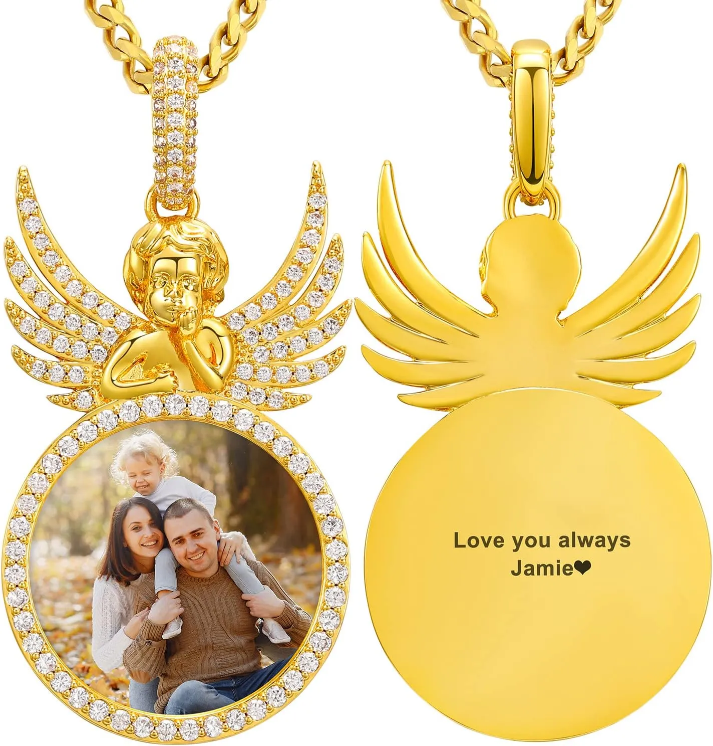 TUHE Personalized Picture Pendant Necklace For Men Women 18K Gold Plated Angel Wings Round Custom Photo Engraved Necklaces Hip Hop Iced Out Customized Memory Picture Chains