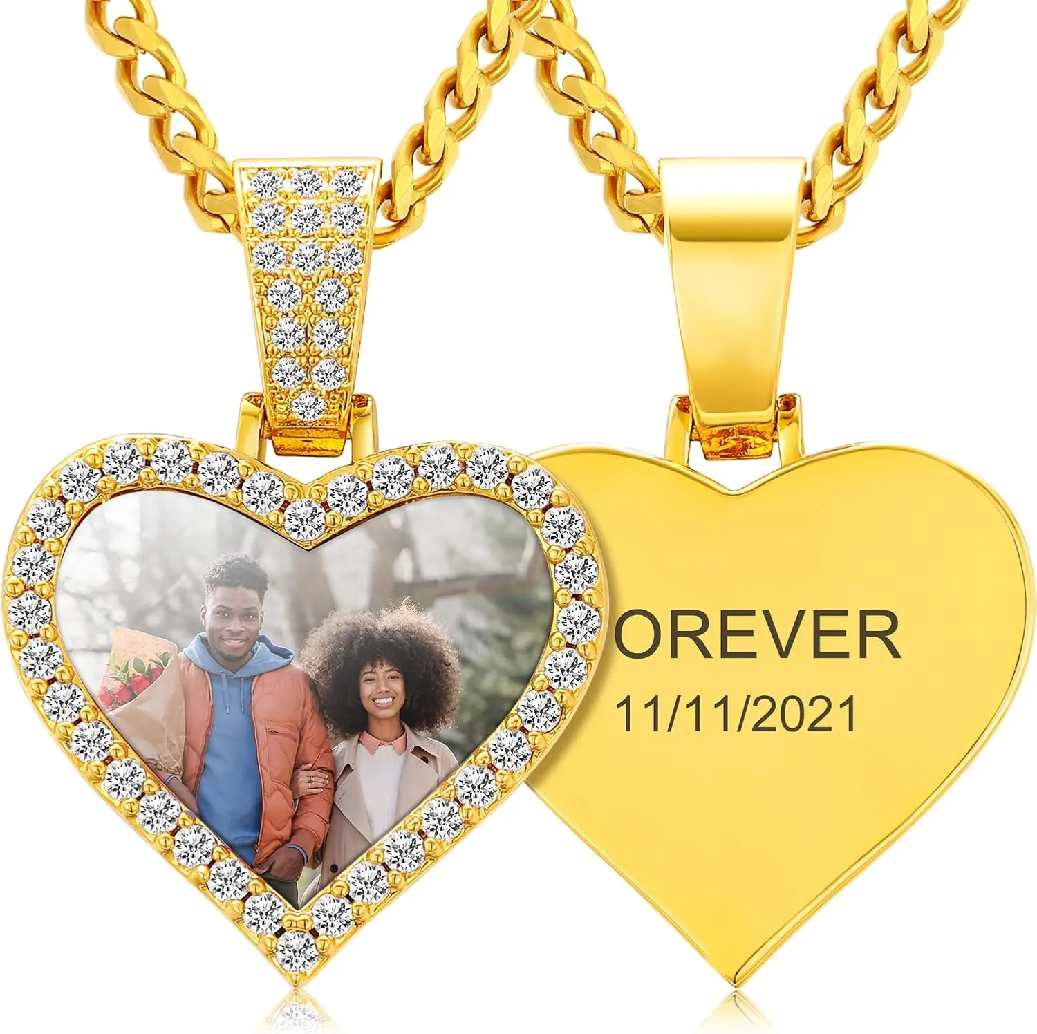 TUHE Personalized Picture Pendant Necklace For Men Women 18K Gold Plated Custom Heart Photo Engraved Necklaces Hip Hop Iced Out Customized Memory Picture Chains