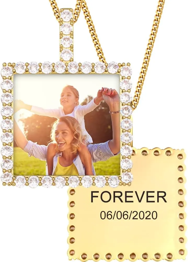 TUHE Personalized Picture Pendant Necklace For Men Women 18K Gold Plated Square Custom Photo Engraved Necklaces Hip Hop Iced Out Customized Memory Picture Chains