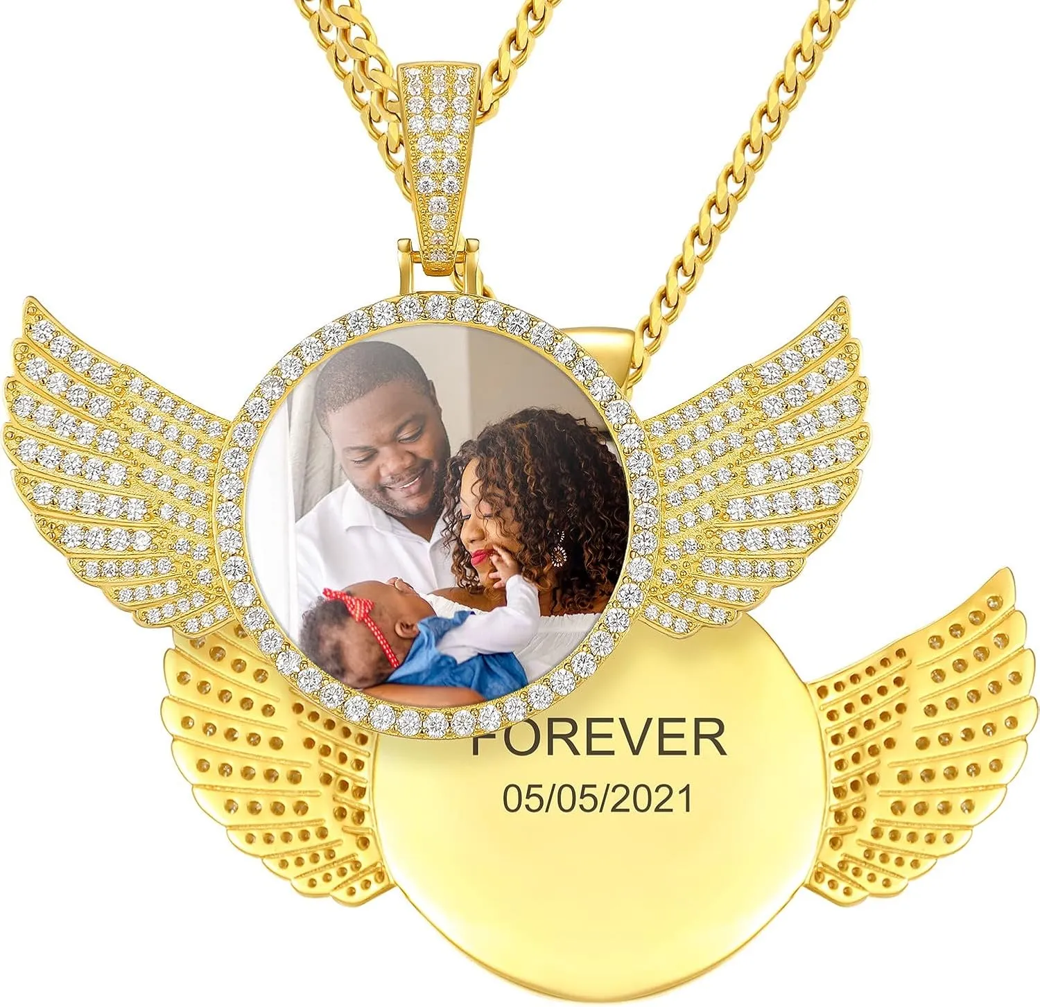 TUHE Personalized Picture Pendant Necklace For Men Women Angel Wings Custom Photo Engraved Necklace Hip Hop Iced Out Customized Memory Picture Chains Pendants
