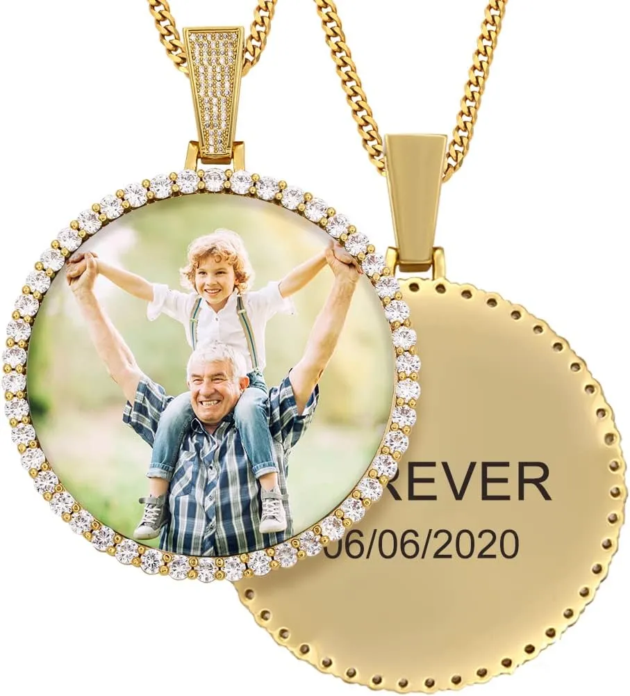 TUHE Personalized Picture Pendant Necklace For Men Women Custom Big Round Photo Engraved Necklace Hip Hop Iced Out Customized Memory Picture Chains Pendants