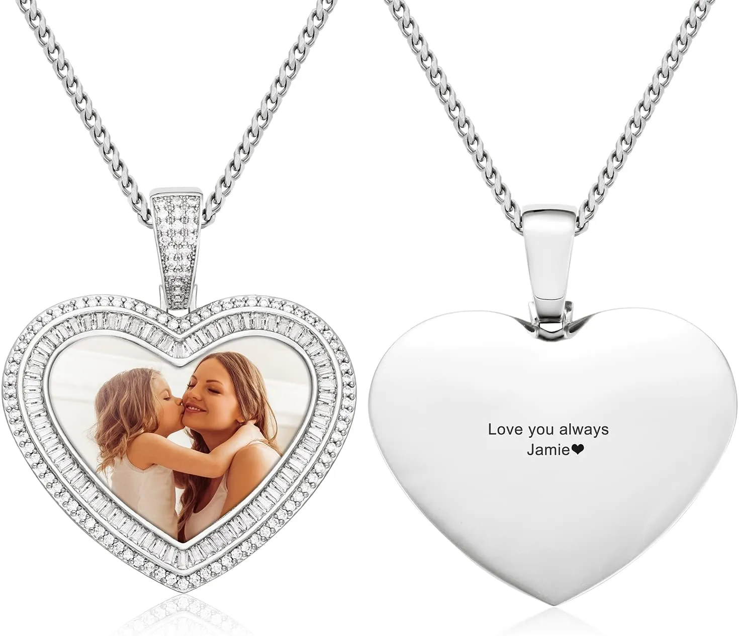 TUHE Personalized Picture Pendant Necklace For Men Women Custom Cuban Link Heart Photo Engraved Necklace Hip Hop Iced Out Customized Memory Picture Chains Pendants