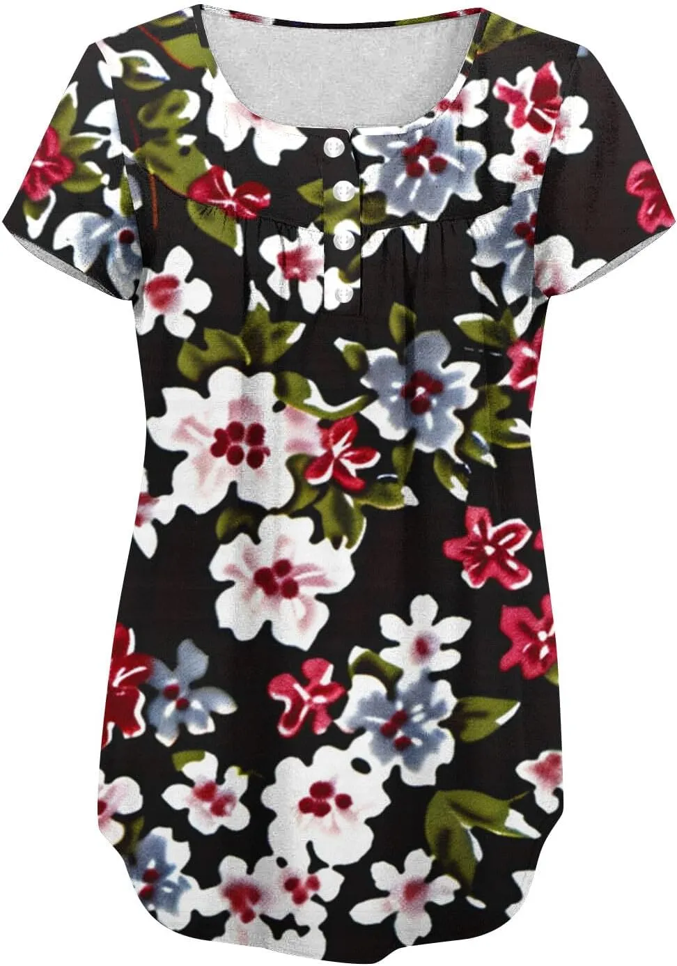 Tunics for Women Trendy Button Crewneck Tops Dressy Short Sleeve Shirts Floral Printed Loose Fit Pleated Boho Tops