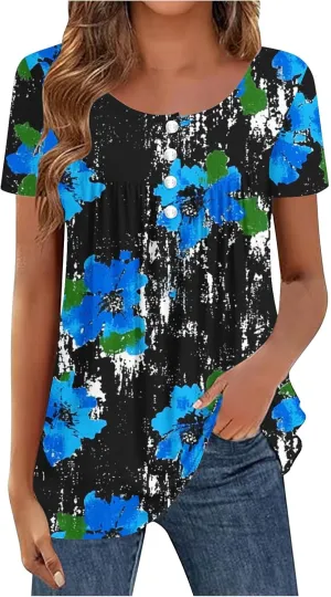Tunics for Women Trendy Button Crewneck Tops Dressy Short Sleeve Shirts Floral Printed Loose Fit Pleated Boho Tops