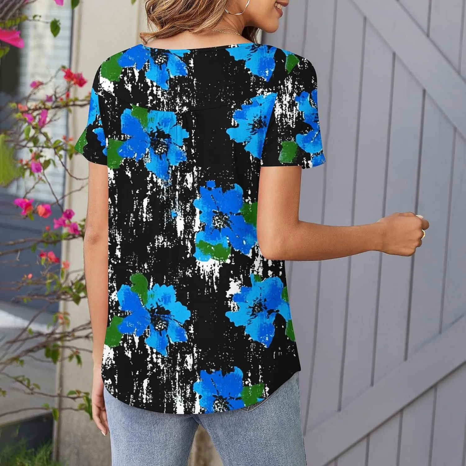 Tunics for Women Trendy Button Crewneck Tops Dressy Short Sleeve Shirts Floral Printed Loose Fit Pleated Boho Tops