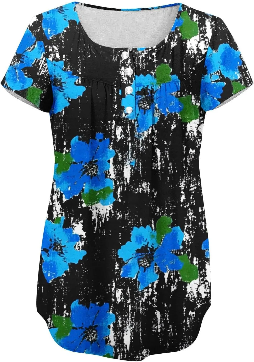 Tunics for Women Trendy Button Crewneck Tops Dressy Short Sleeve Shirts Floral Printed Loose Fit Pleated Boho Tops