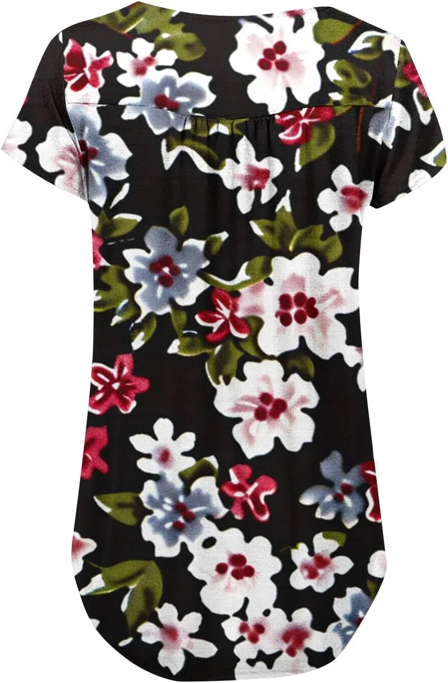 Tunics for Women Trendy Button Crewneck Tops Dressy Short Sleeve Shirts Floral Printed Loose Fit Pleated Boho Tops