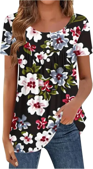 Tunics for Women Trendy Button Crewneck Tops Dressy Short Sleeve Shirts Floral Printed Loose Fit Pleated Boho Tops