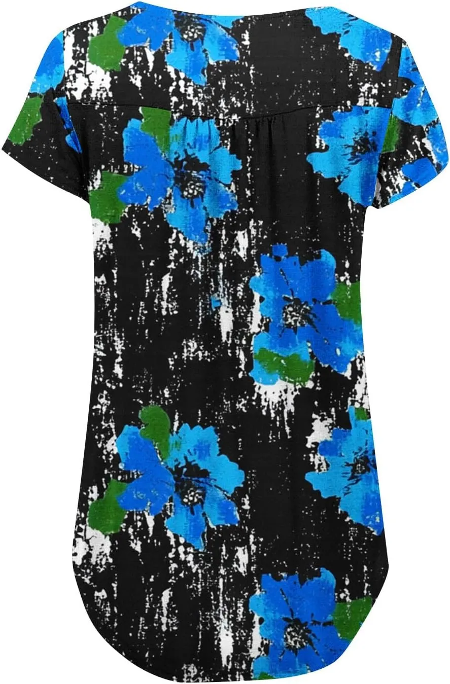 Tunics for Women Trendy Button Crewneck Tops Dressy Short Sleeve Shirts Floral Printed Loose Fit Pleated Boho Tops