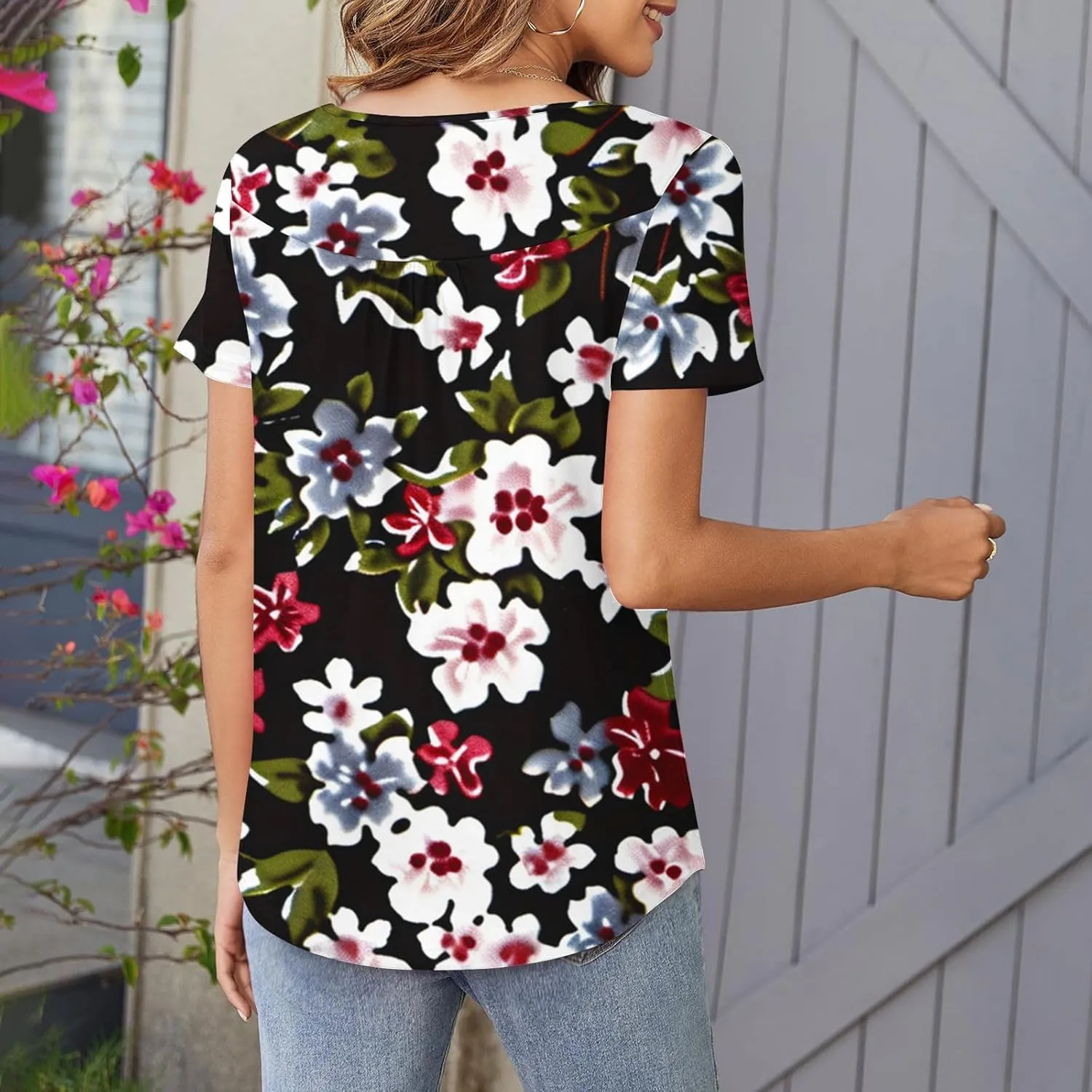 Tunics for Women Trendy Button Crewneck Tops Dressy Short Sleeve Shirts Floral Printed Loose Fit Pleated Boho Tops