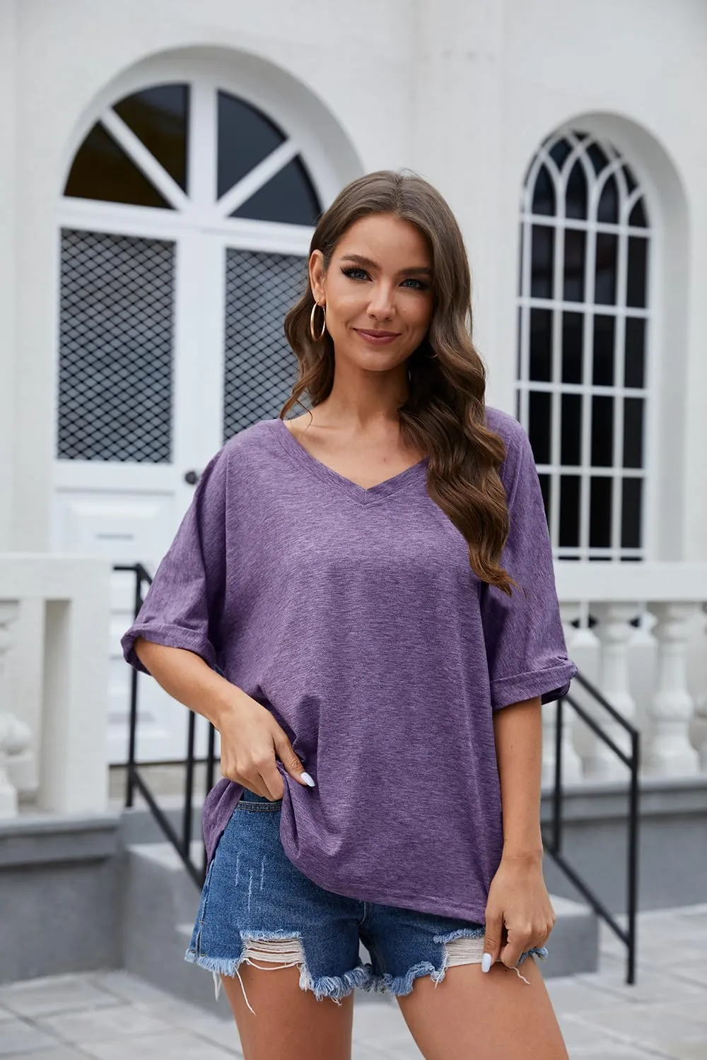 UNCLECAT Women's V Neck Oversized T-Shirts Summer Short Sleeve Shirts Loose Casual Tops Tee