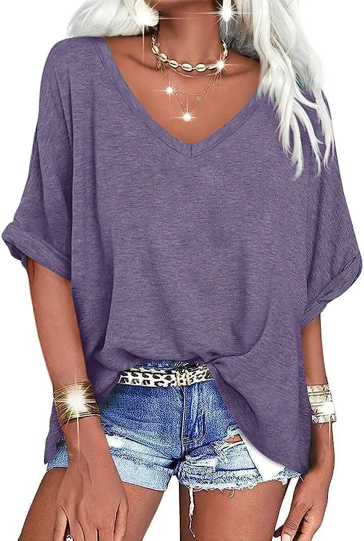 UNCLECAT Women's V Neck Oversized T-Shirts Summer Short Sleeve Shirts Loose Casual Tops Tee