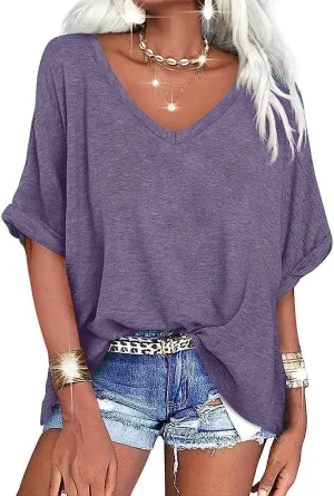 UNCLECAT Women's V Neck Oversized T-Shirts Summer Short Sleeve Shirts Loose Casual Tops Tee