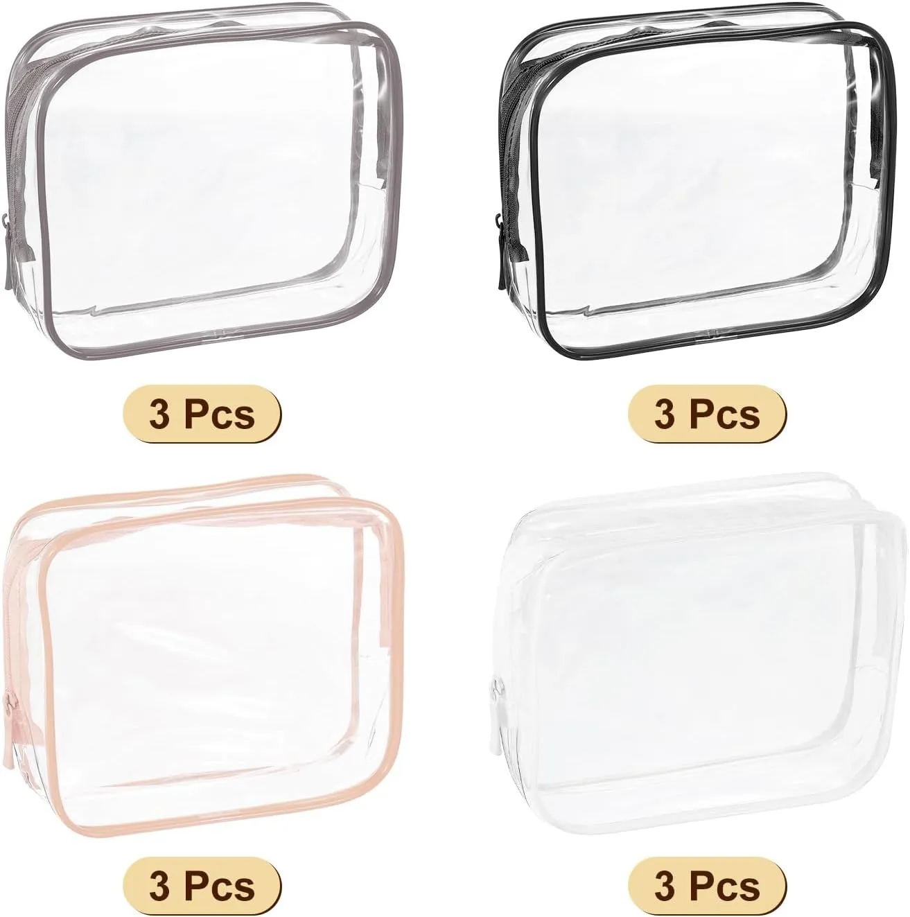 uxcell Clear Toiletry Bag, 12 Pcs PVC Transparent Makeup Bag for Women Man, Cosmetic Pouch Bags with Zipper for Travel Makeup Organizer Pouch, Brown, Black, White, Pink(L Size)
