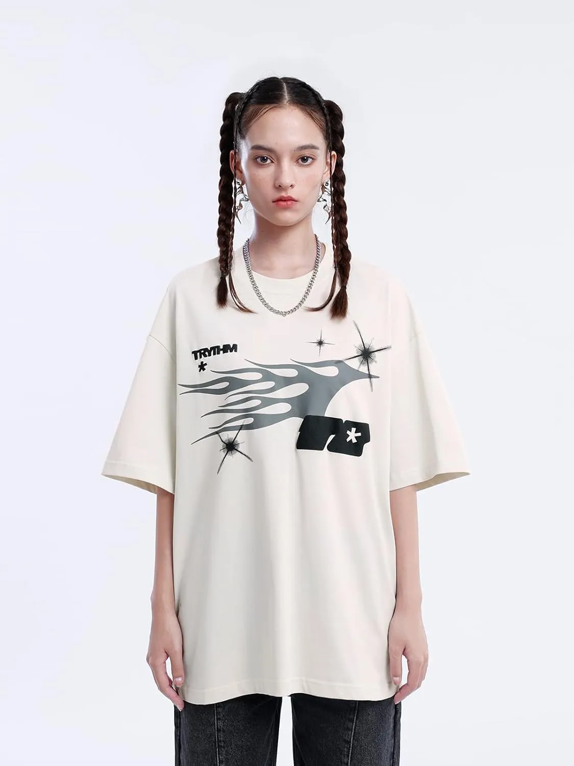 Vamtac Mens Oversized Graphic Tees Y2k Flame Star Print Short Sleeve Shirts Streetwear Summer Tops Tshirt Unisex