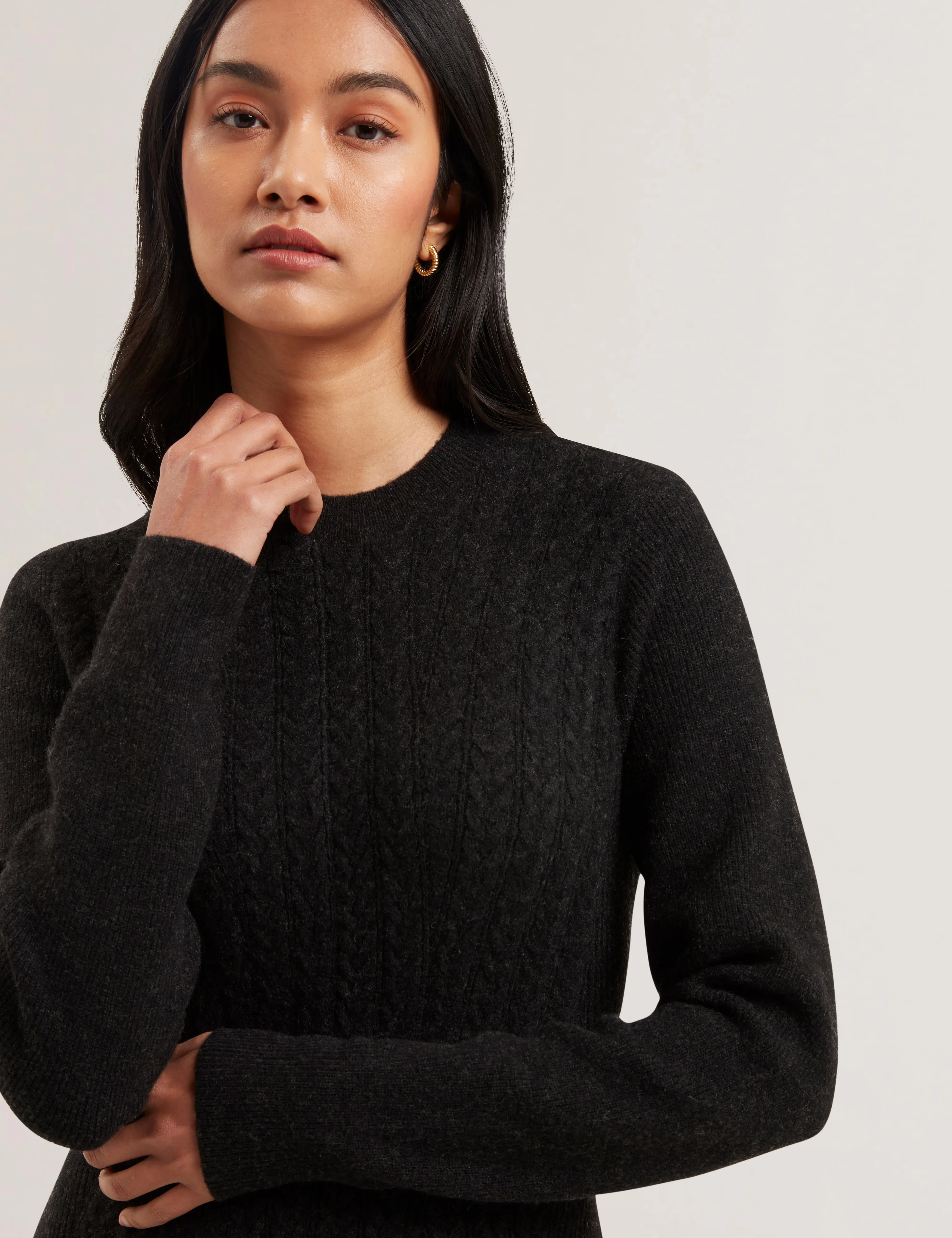 Vanesha Cable Knit Long Sleeve Midi Dress Dk-Grey