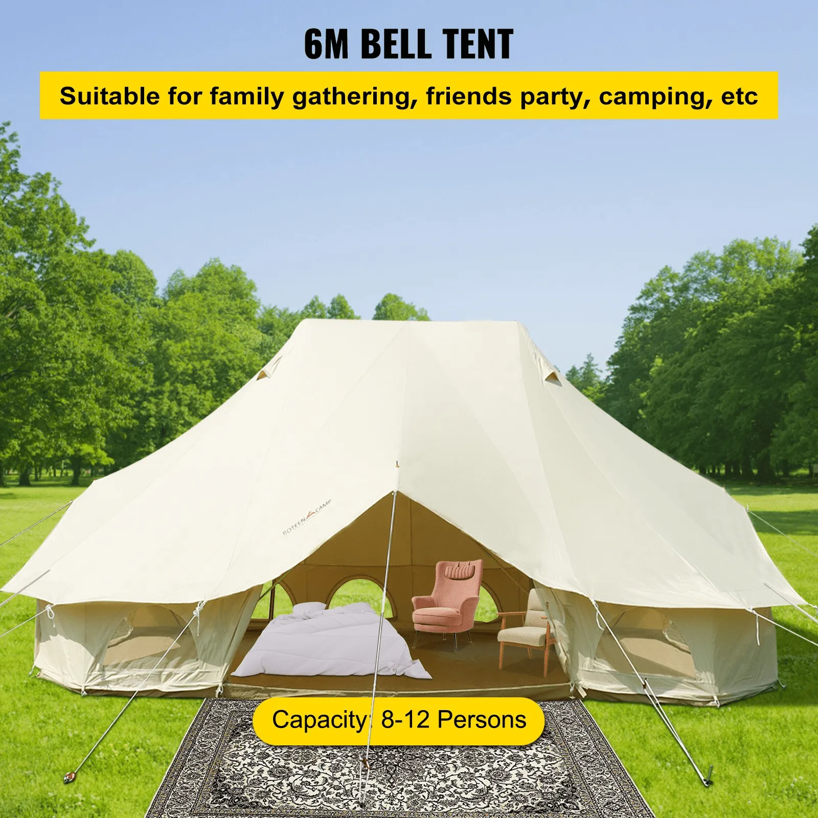 Vevor 6M Bell Tent 19.7' x 13.1' x 9.8' Yurt Beige Canvas Cotton For 8-12 People Portable 4 Season Teepee
