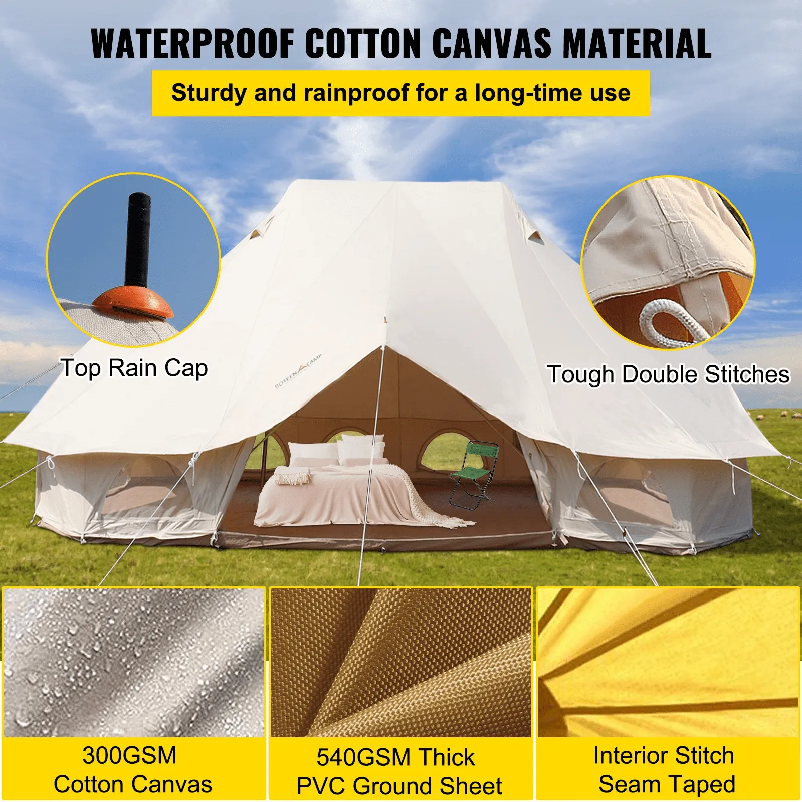 Vevor 6M Bell Tent 19.7' x 13.1' x 9.8' Yurt Beige Canvas Cotton For 8-12 People Portable 4 Season Teepee