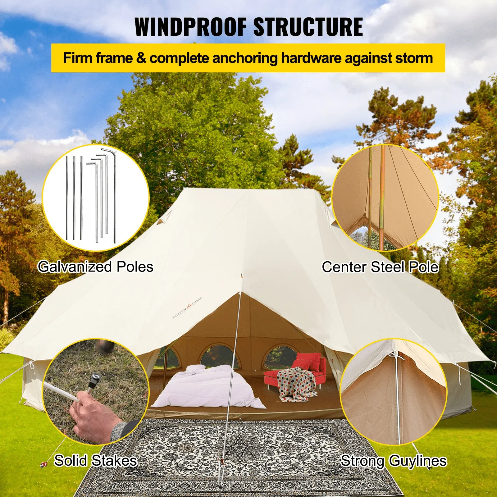 Vevor 6M Bell Tent 19.7' x 13.1' x 9.8' Yurt Beige Canvas Cotton For 8-12 People Portable 4 Season Teepee