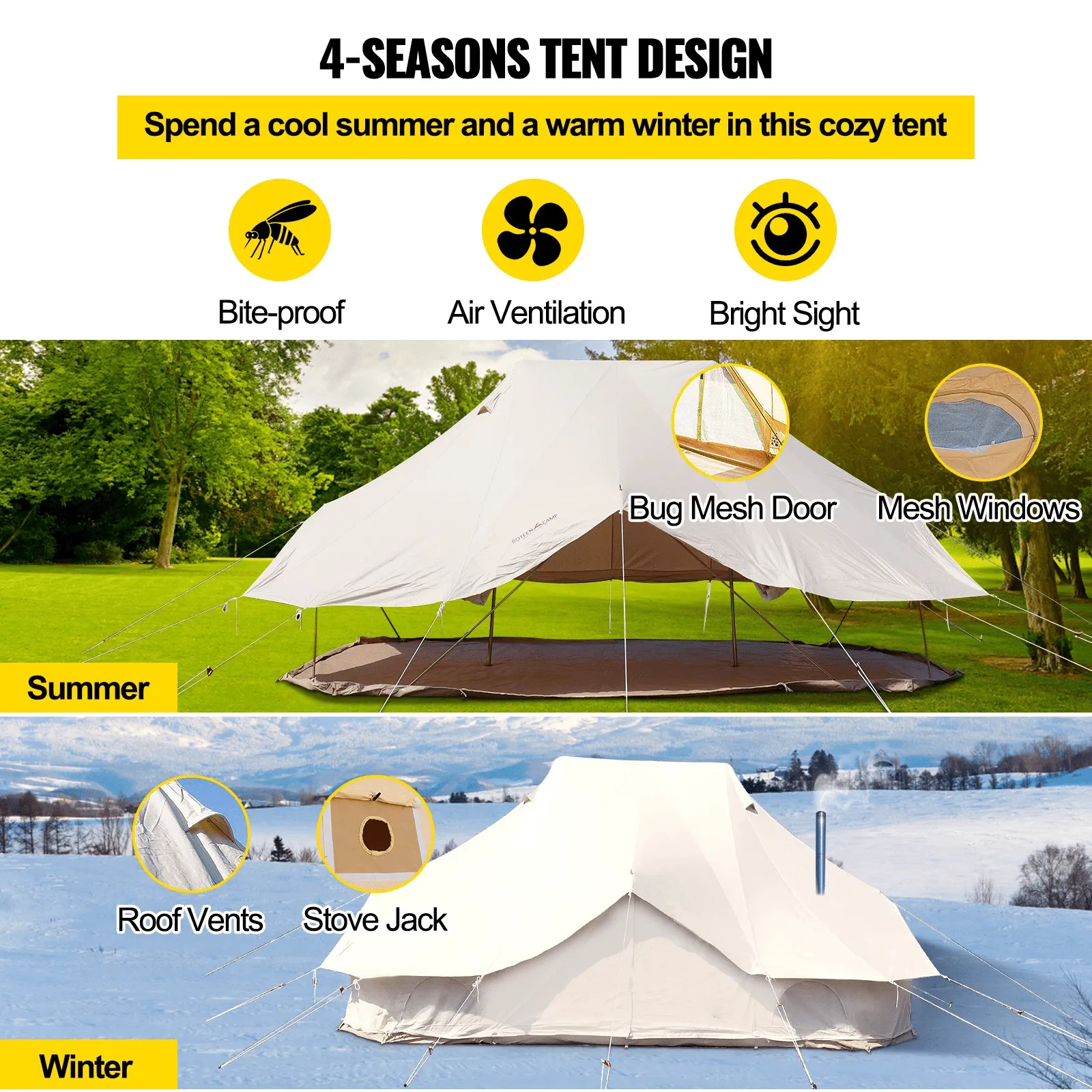 Vevor 6M Bell Tent 19.7' x 13.1' x 9.8' Yurt Beige Canvas Cotton For 8-12 People Portable 4 Season Teepee