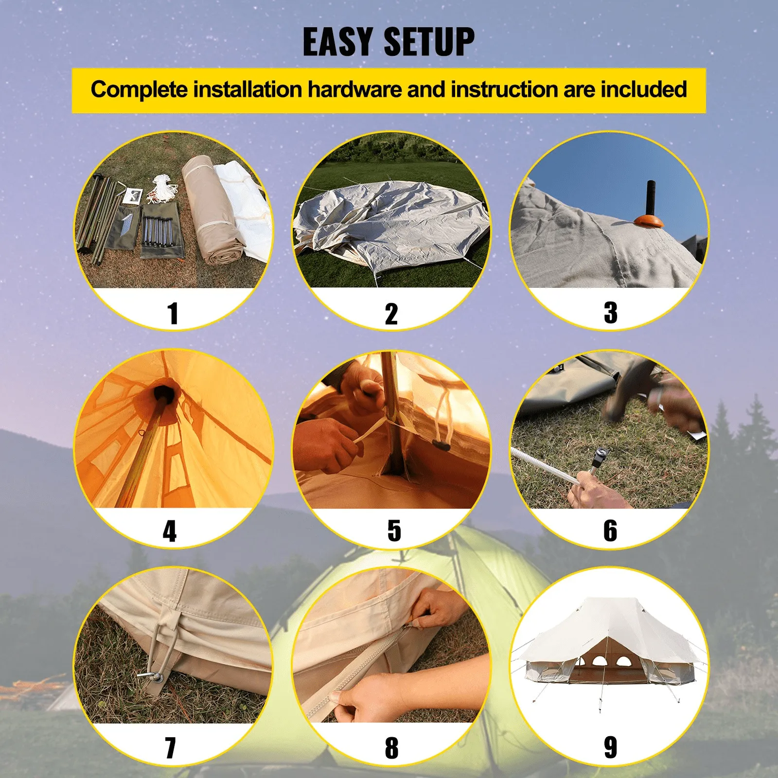 Vevor 6M Bell Tent 19.7' x 13.1' x 9.8' Yurt Beige Canvas Cotton For 8-12 People Portable 4 Season Teepee