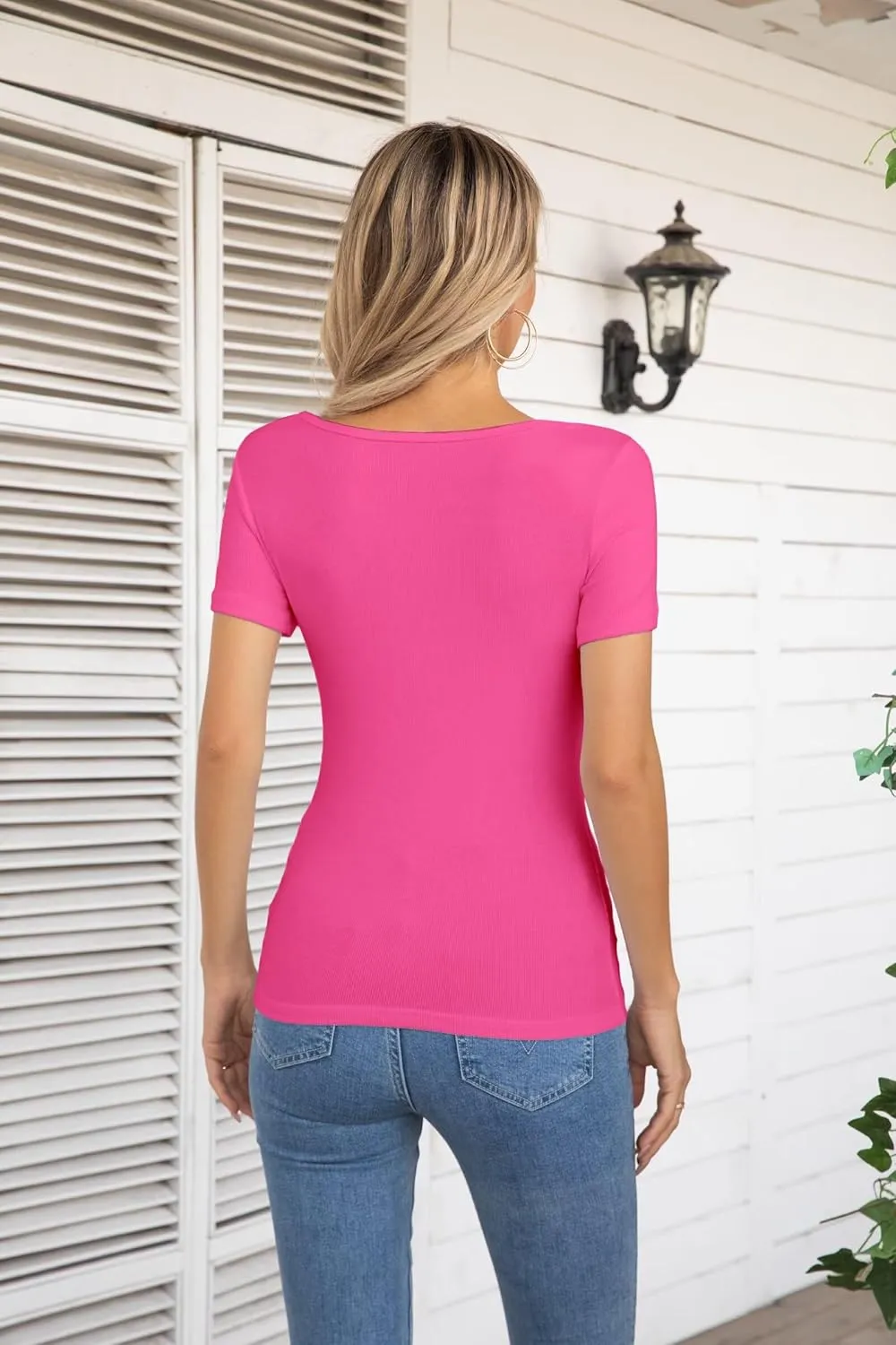 VICHYIE Summer Women's Scoop Neck Short Sleeve Shirts Ribbed Slim Fitted Casual Basic Top Blouses