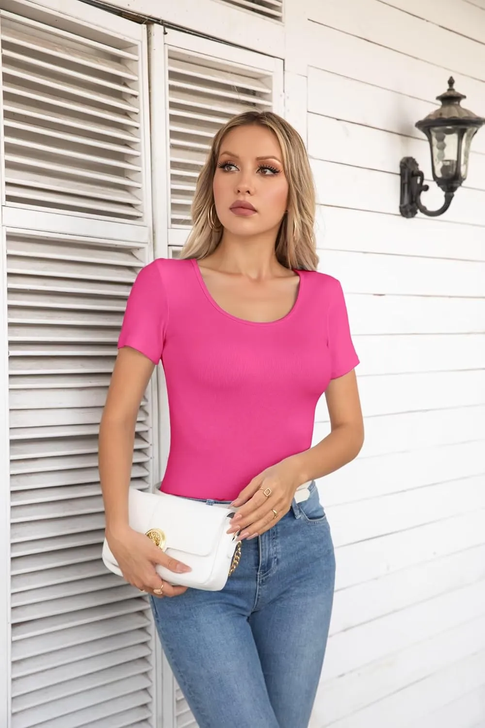 VICHYIE Summer Women's Scoop Neck Short Sleeve Shirts Ribbed Slim Fitted Casual Basic Top Blouses