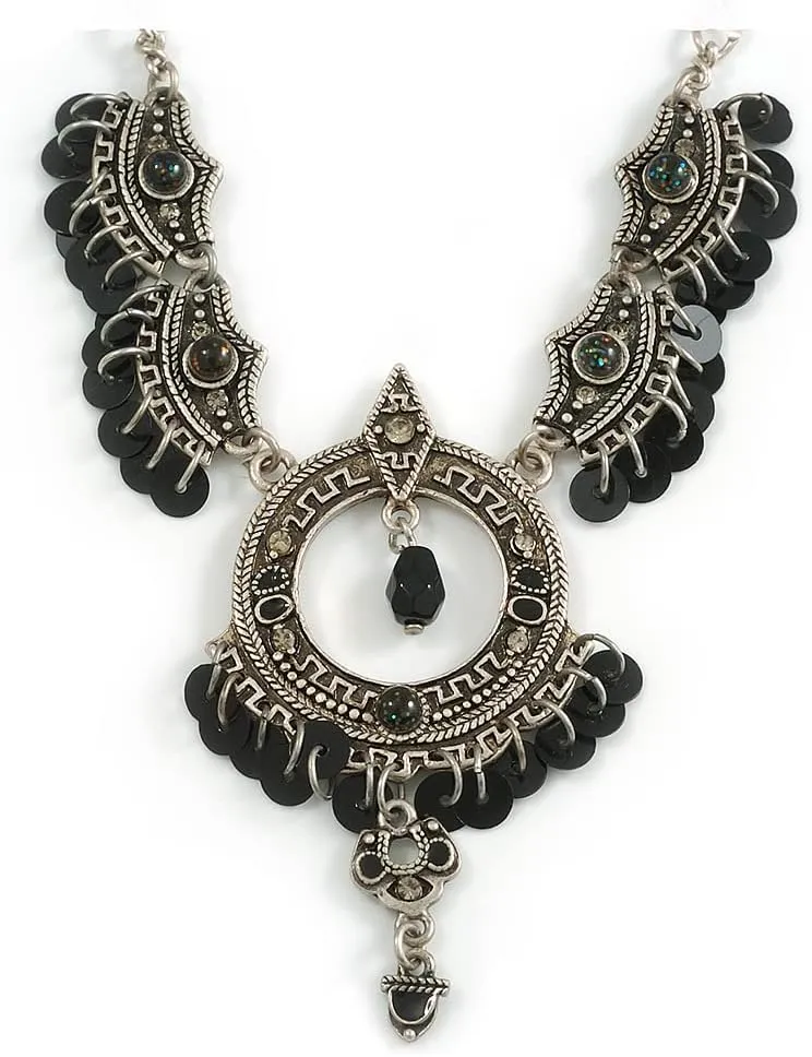 Victorian Style Sequin, Hammered Round Pendant Necklace In Burn Silver Tone - 36cm Length/ 7cm Extension