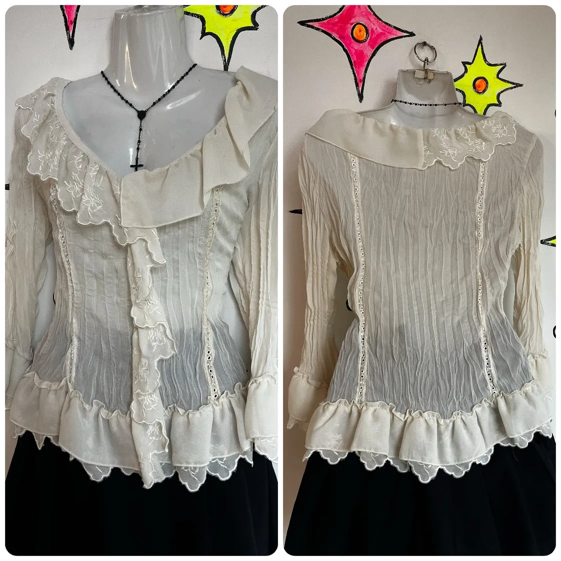 Vintage 90s Y2K White Ruffle Neck Fairy Grunge Victorian Steampunk Blouse Top
