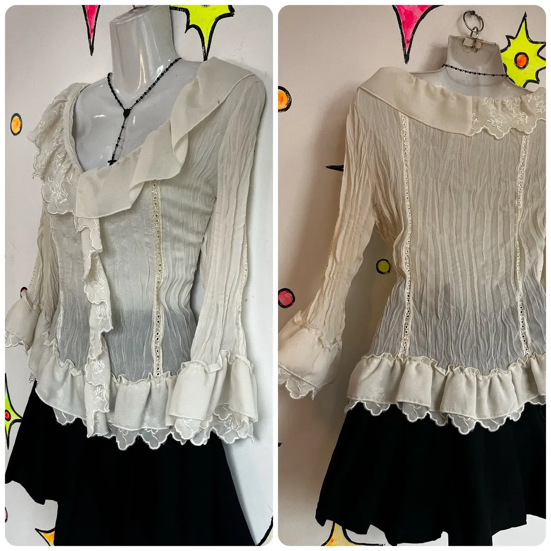Vintage 90s Y2K White Ruffle Neck Fairy Grunge Victorian Steampunk Blouse Top