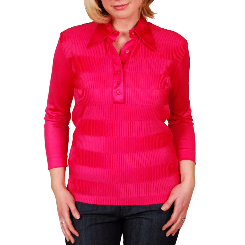 Vintage Blouse Fuchsia Rib Knit Acetate  Kay Silver 1970s  Medium