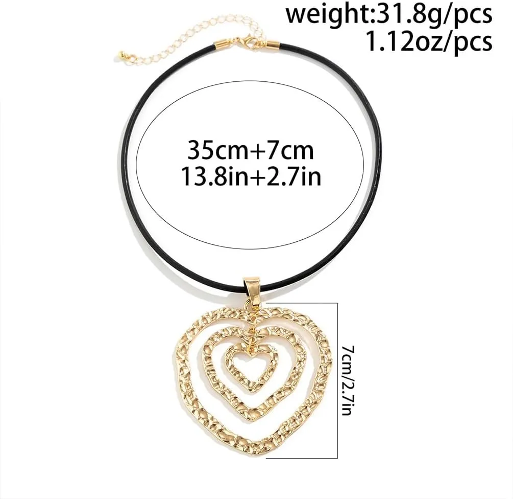 Vintage Large Two Tone Heart Choker Necklace for Women, Trendy Hammered Cross Multi Tiered Love Heart Pendant Necklace Boho Geometric Y2K Jewelry Gift