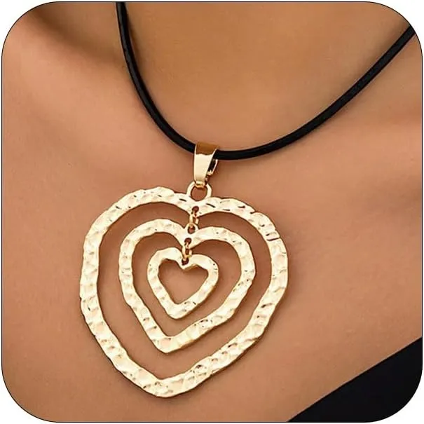 Vintage Large Two Tone Heart Choker Necklace for Women, Trendy Hammered Cross Multi Tiered Love Heart Pendant Necklace Boho Geometric Y2K Jewelry Gift