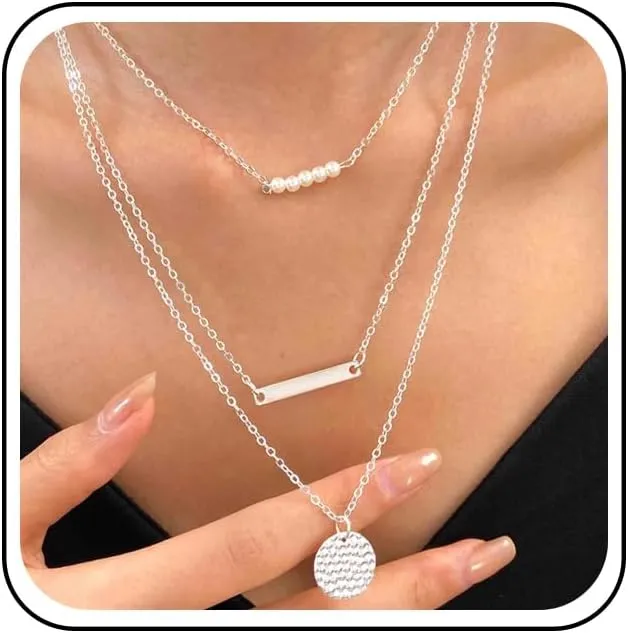 Vintage Layered Bar Coin Pearl Necklace Silver Horizontal Bar Pendant Necklace Hammered Disc Necklace Stacking Pearl Choker Necklace Jewelry for Women