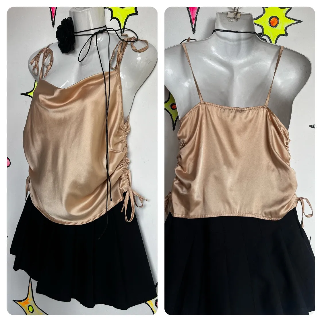 Vintage Y2K Champagne Lace Up Cowl Neck Goth Coquette Fairy Grunge Cami Top | S