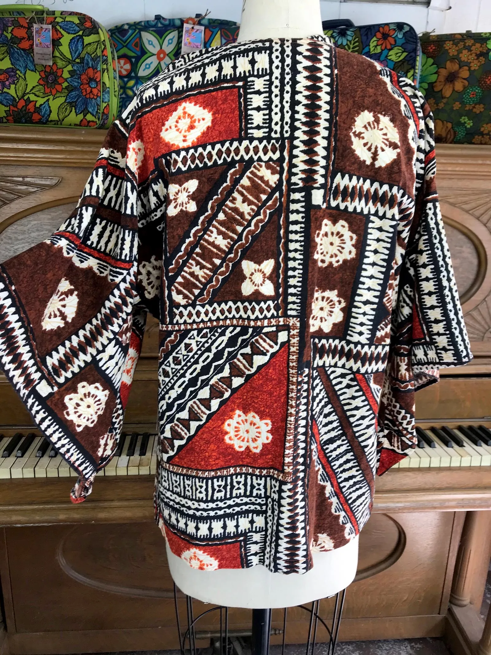 VTG 70s | Barkcloth Hippie Boho Bell Sleeve Dashiki Shirt Top Blouse | Free Size