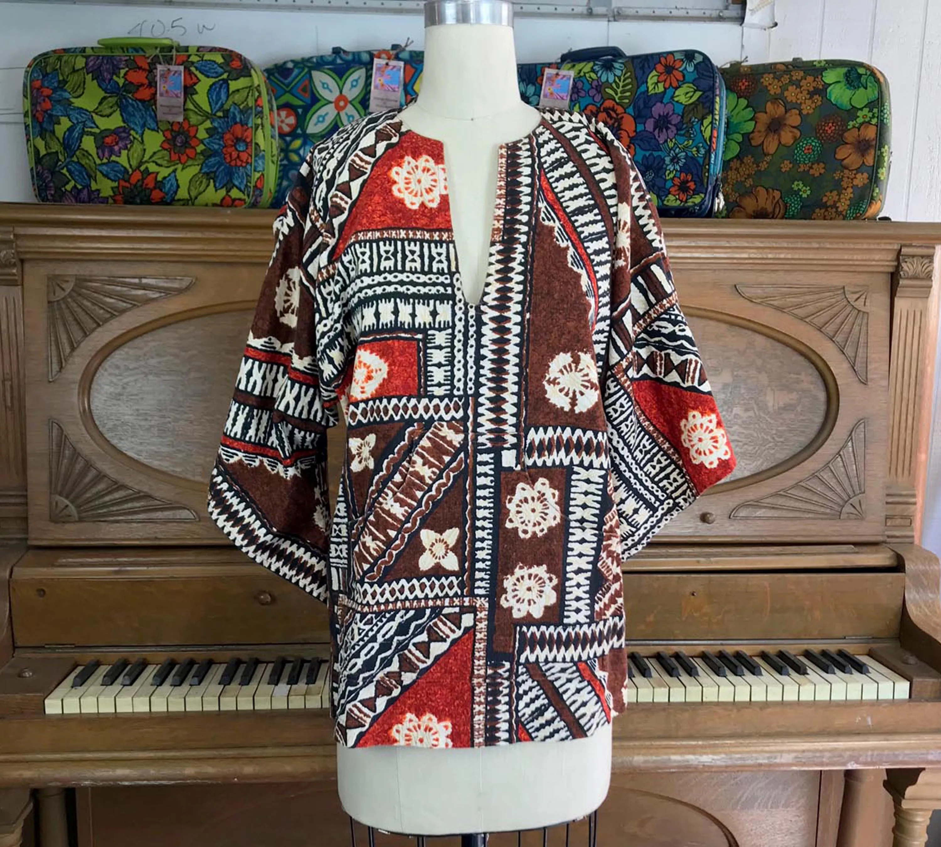 VTG 70s | Barkcloth Hippie Boho Bell Sleeve Dashiki Shirt Top Blouse | Free Size