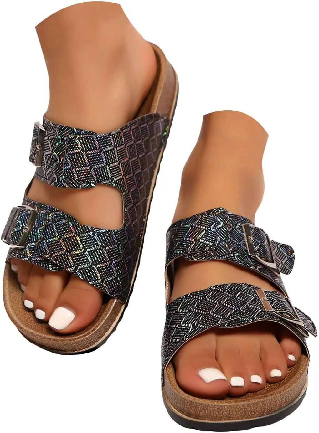 Wedge Sandals for Women 2 Buckle Flat Sandal With Arch Support Slip On Platform Shoes Casual Indoor Slippers