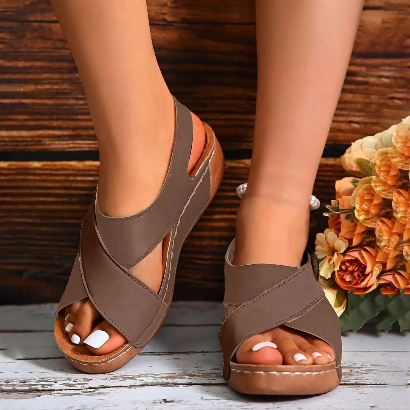 Wedge Sandals for Women Open Toe Ankle Strap Wedge Sandal Casual Color Block Arch Support Orthopedic Shoes