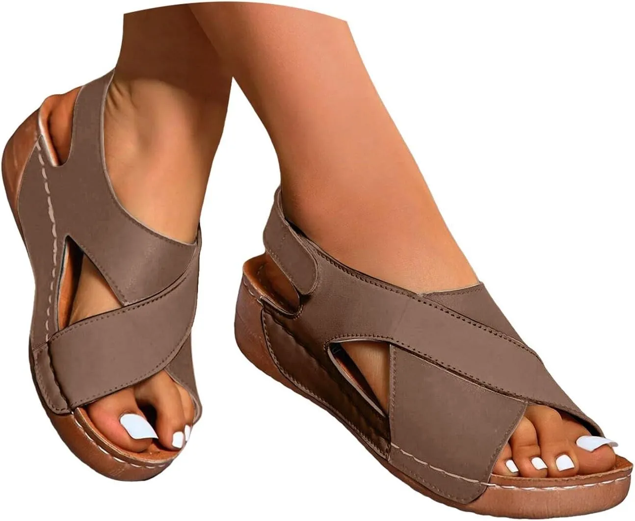 Wedge Sandals for Women Open Toe Ankle Strap Wedge Sandal Casual Color Block Arch Support Orthopedic Shoes