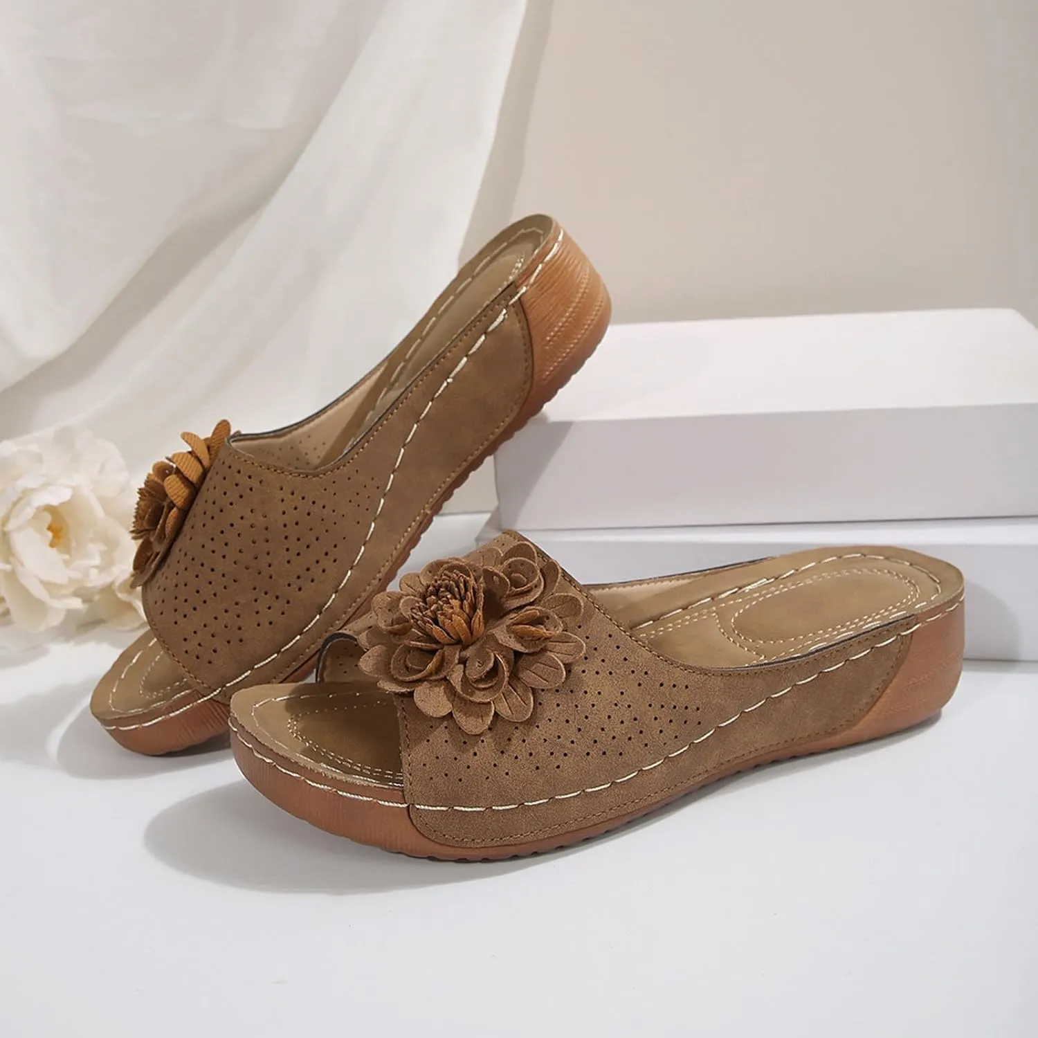 Wedge Sandals for Women Slip On Wedge Sandal With Arch Support Leather Comfortable Women's Orthopedic Slippers