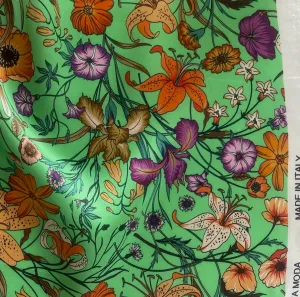 What's Up Tiger Lily? on Spearmint Silk Satin Charmeuse (Made in Italy)